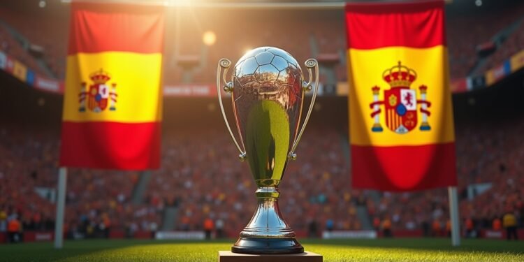 صورة لمراسم قرعة نصف نهائي كأس الملك الإسباني، تظهر شعارات وأعلام كرة القدم الإسبانية.