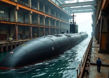 صورة وثائقية لغواصة أمريكية تجري عمليات صيانة في حوض جاف.