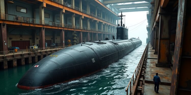 صورة وثائقية لغواصة أمريكية تجري عمليات صيانة في حوض جاف.