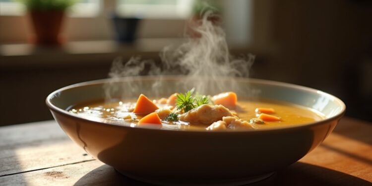 A bowl of hot chicken soup with vegetables, placed on a table in a warm kitchen, representing home remedies for colds.