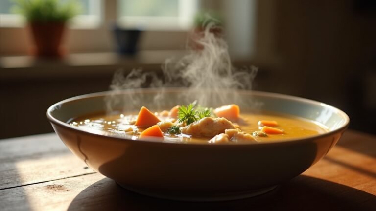 A bowl of hot chicken soup with vegetables, placed on a table in a warm kitchen, representing home remedies for colds.