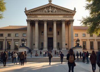 مبنى المحكمة في إسبانيا مع مجموعة من الناس يحتجون سلمياً خارجاً