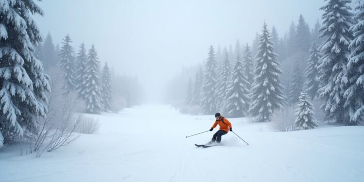 مشهد شتوي يظهر تأثيرات تغير المناخ على الفعاليات الرياضية Winter sports event impacted by climate change.