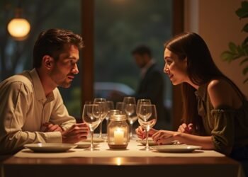 Couple discussing important topics during dinner in a cozy setting.