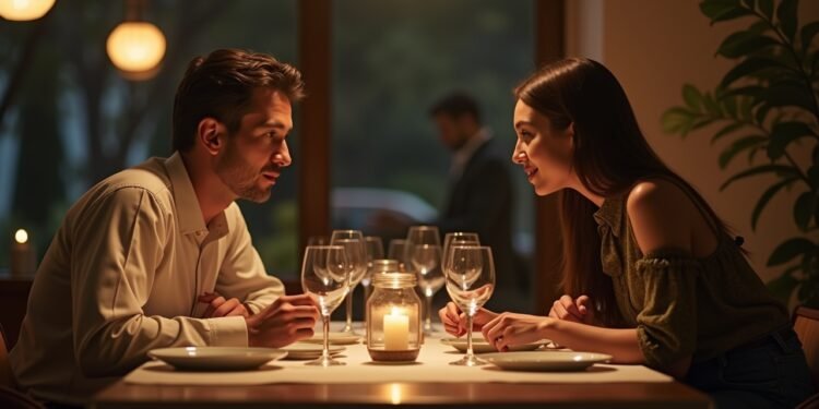 Couple discussing important topics during dinner in a cozy setting.