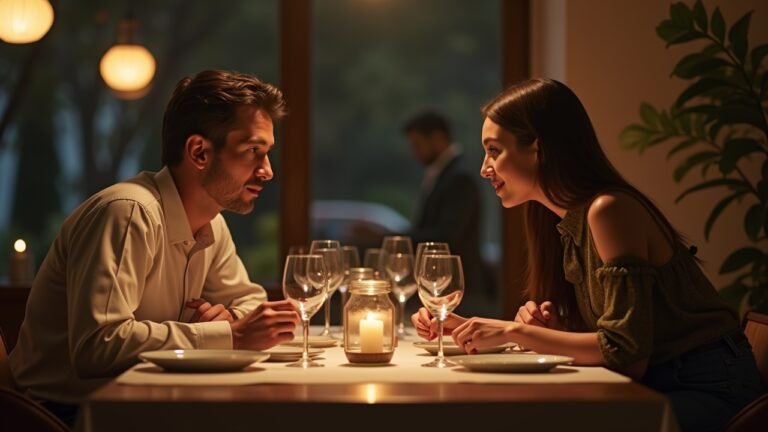 Couple discussing important topics during dinner in a cozy setting.