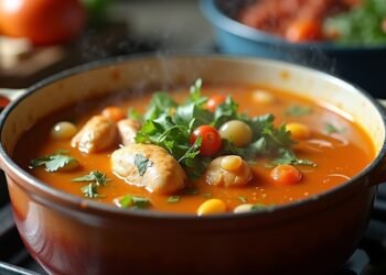 صورة توضح تحضير حساء الدجاج التقليدي مع الخضار الطازجة