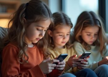 Children engaging with smartphones, showing concern about digital content.