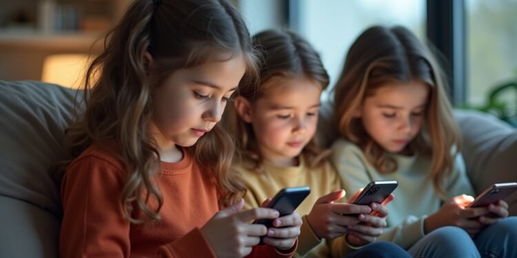 Children engaging with smartphones, showing concern about digital content.