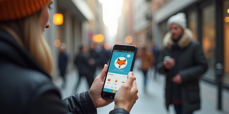 صورة واقعية لتطبيق 'فوكس فريند' على هاتف محمول في بيئة حضرية