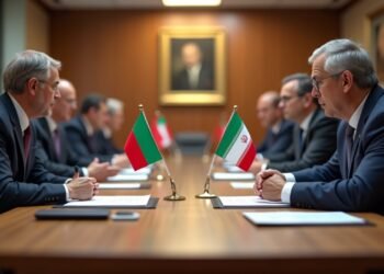 صورة لمحتويات اجتماع دبلوماسي يتضمن أعلام عمان وإيران مع تركيز على الوثائق