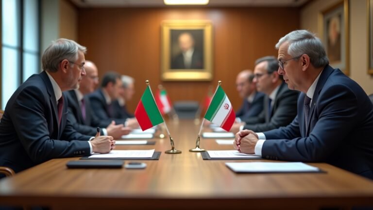 صورة لمحتويات اجتماع دبلوماسي يتضمن أعلام عمان وإيران مع تركيز على الوثائق