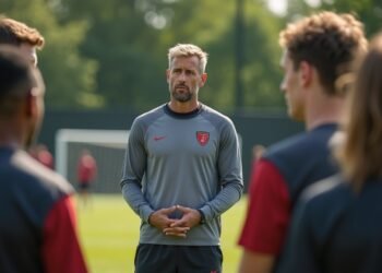 مدرب كرة القدم دانيال تيوني أثناء حديثه مع اللاعبين في تدريب بمقر نادي فيردر بريمن.