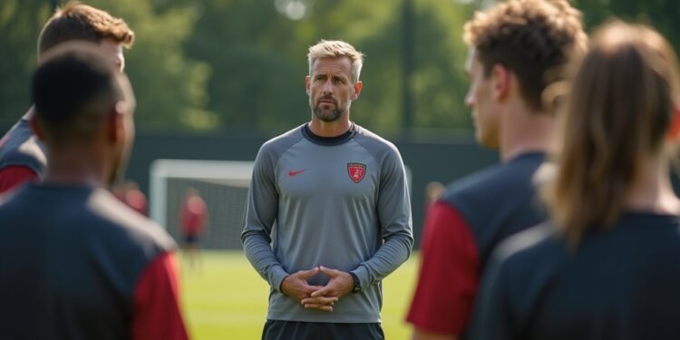 مدرب كرة القدم دانيال تيوني أثناء حديثه مع اللاعبين في تدريب بمقر نادي فيردر بريمن.