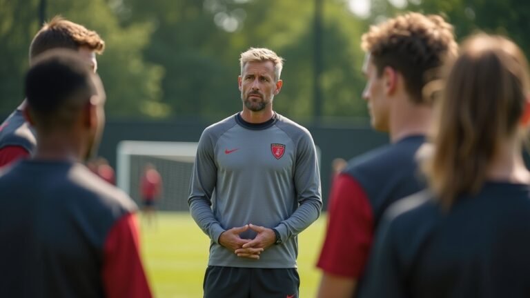 مدرب كرة القدم دانيال تيوني أثناء حديثه مع اللاعبين في تدريب بمقر نادي فيردر بريمن.