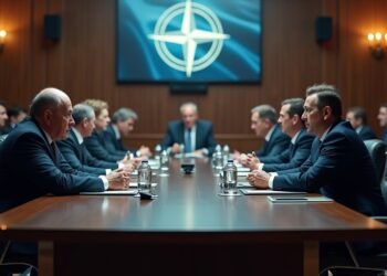 اجتماع لقيادات الناتو في غرفة اجتماعات، يعبر عن التوترات الحالية.