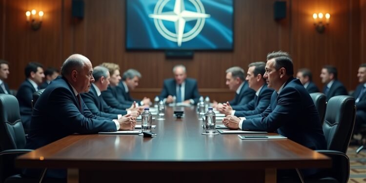 اجتماع لقيادات الناتو في غرفة اجتماعات، يعبر عن التوترات الحالية.