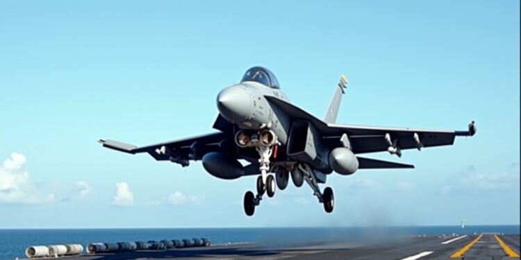 طائرة إف-إيه-18 هورنت أثناء إقلاعها من حاملة طائرات