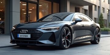 صورة دقيقة لسيارة أودي إس6 إي-ترون 2027 الكهربائية في بيئة حضرية حديثة