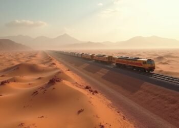 صورة واقعية لسكة حديد غارة جبيلات في الصحراء الجزائرية، مع القطارات التي تنقل خام الحديد.