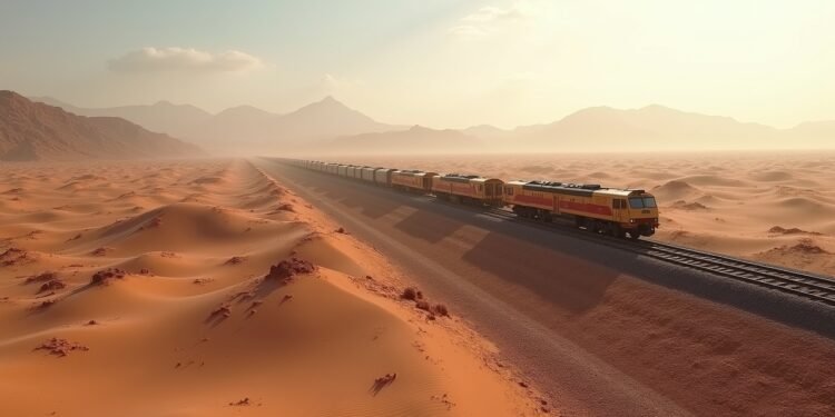 صورة واقعية لسكة حديد غارة جبيلات في الصحراء الجزائرية، مع القطارات التي تنقل خام الحديد.