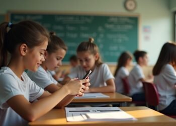 مشهد لغرفة صفية يتواجد فيها طلاب يستخدمون الهواتف الذكية