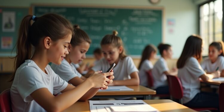 مشهد لغرفة صفية يتواجد فيها طلاب يستخدمون الهواتف الذكية