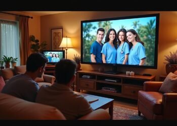 مشهد من غرفة جلوس مريحة تُظهر عروض مسلسلات مشهورة مثل بريدجرتون وبارادايس وسكرابس على الشاشات.