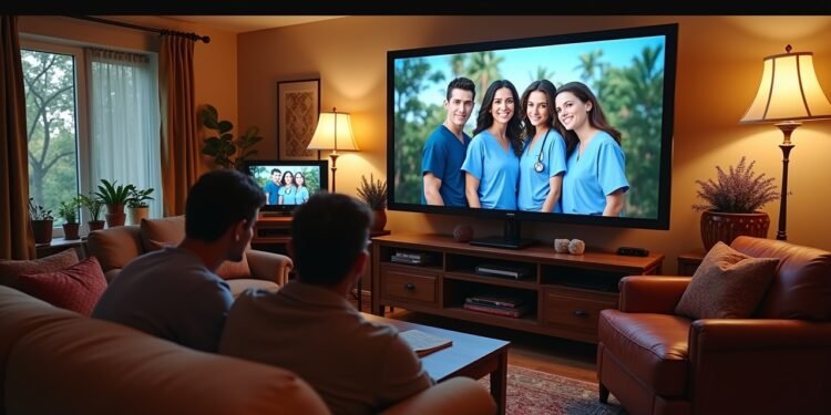 مشهد من غرفة جلوس مريحة تُظهر عروض مسلسلات مشهورة مثل بريدجرتون وبارادايس وسكرابس على الشاشات.