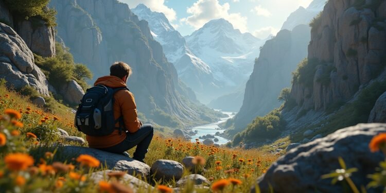 صورة لفتى يلعب لعبة مغامرات بشكل مثير وسط مناظر طبيعية خلابة