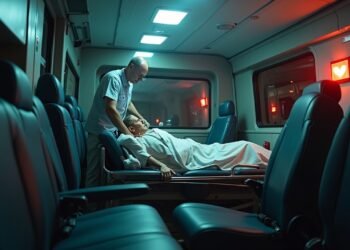 صورة توضح سيارة الإسعاف خلال مهمة، مع وجود ليزر بوينتر في الخلفية