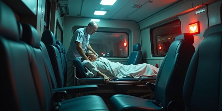 صورة توضح سيارة الإسعاف خلال مهمة، مع وجود ليزر بوينتر في الخلفية