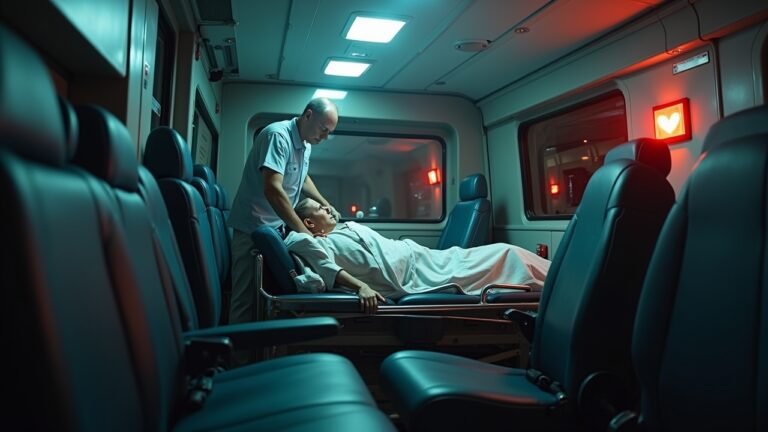 صورة توضح سيارة الإسعاف خلال مهمة، مع وجود ليزر بوينتر في الخلفية