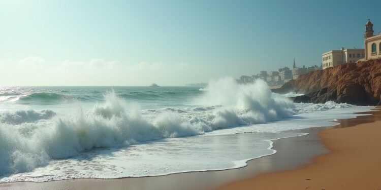 A view of the tumultuous sea and rocky shore in Casablanca, Morocco, during a challenging weather scenario.