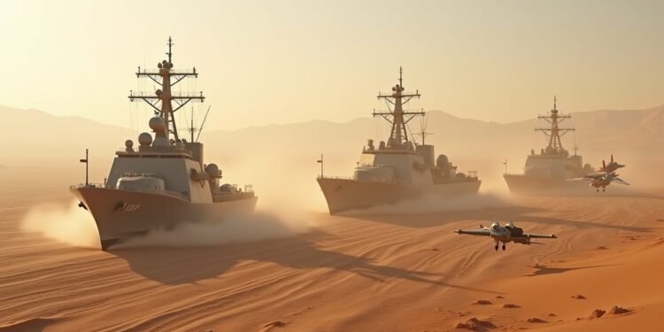 تصوير واقعي للتجمع العسكري الأمريكي في منطقة صحراوية مع سفن حربية وطائرات