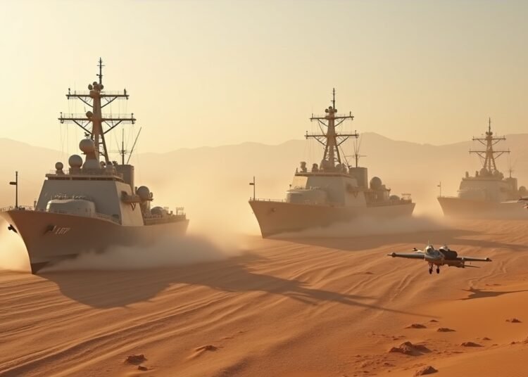 تصوير واقعي للتجمع العسكري الأمريكي في منطقة صحراوية مع سفن حربية وطائرات