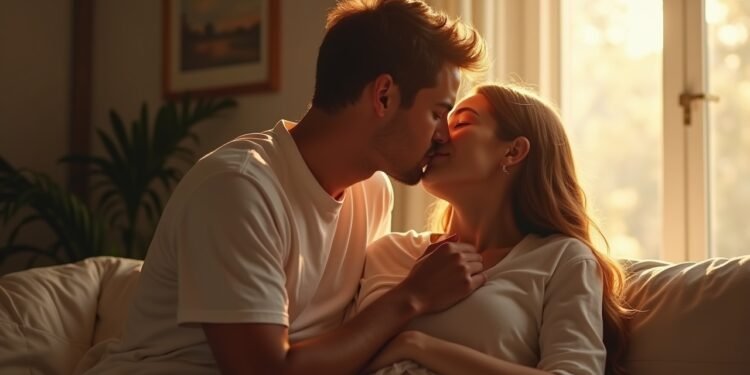 زوجان يشتركان في طقس حب يومي، مثل تقبيل دافئ، في بيئة منزلية مريحة