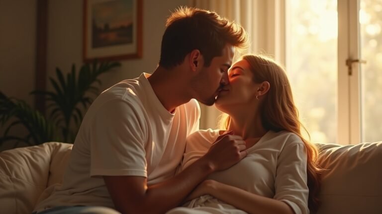 زوجان يشتركان في طقس حب يومي، مثل تقبيل دافئ، في بيئة منزلية مريحة