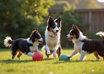 Border Collies interacting with toys in a playful setting
