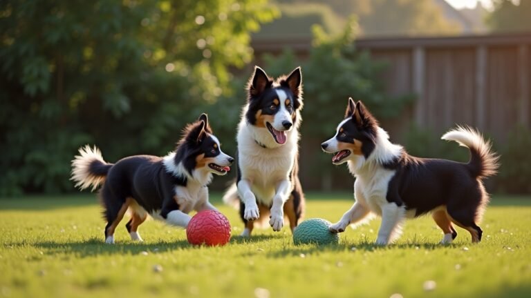 Border Collies interacting with toys in a playful setting