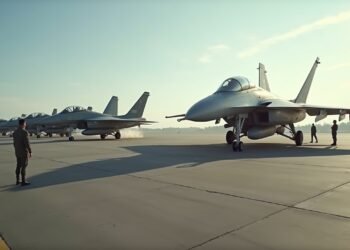 طائرات حربية من نوع Су-57E في قاعدة جوية مع طاقم عسكري