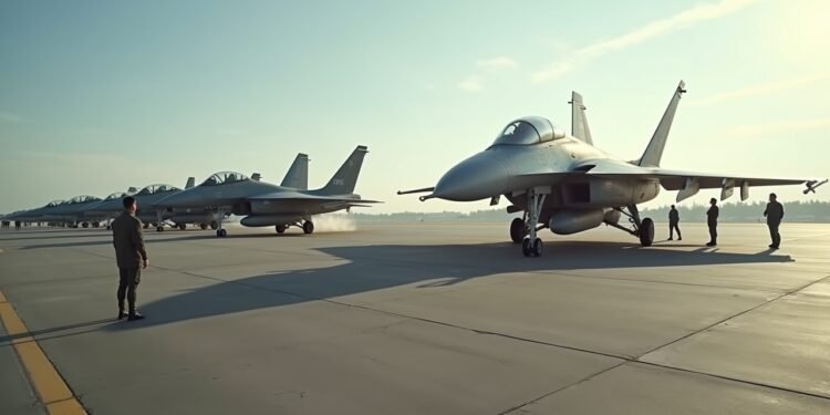 طائرات حربية من نوع Су-57E في قاعدة جوية مع طاقم عسكري