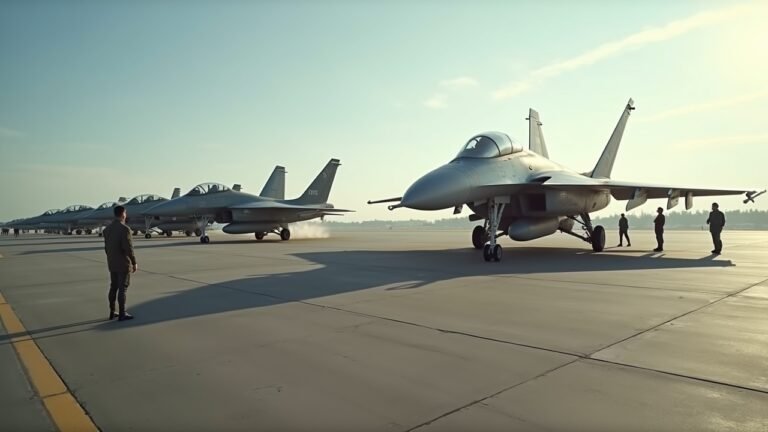 طائرات حربية من نوع Су-57E في قاعدة جوية مع طاقم عسكري