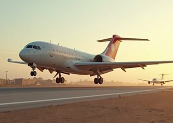 صورة طائرة تهبط في مطار بصنعاء أثناء النشاطات الإنسانية