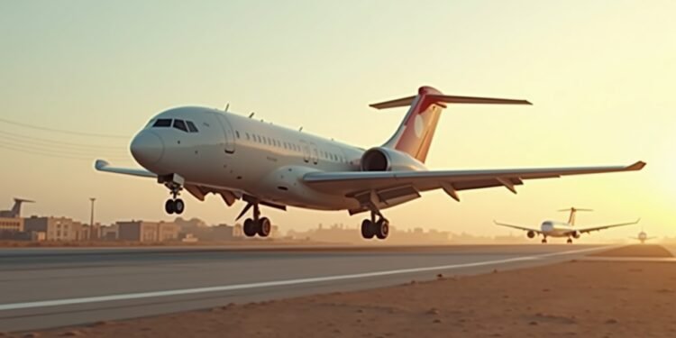 صورة طائرة تهبط في مطار بصنعاء أثناء النشاطات الإنسانية