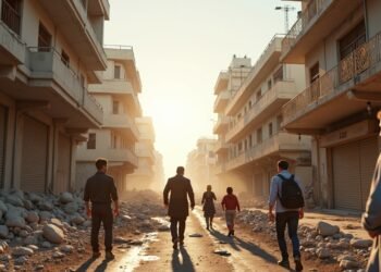 صورة تظهر منظرًا للمدينة في الجزائر بعد الزلزال، حيث يتفاعل السكان مع الحدث.