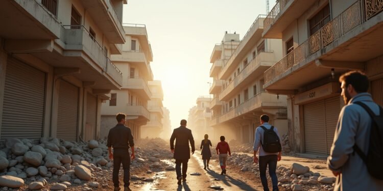 صورة تظهر منظرًا للمدينة في الجزائر بعد الزلزال، حيث يتفاعل السكان مع الحدث.