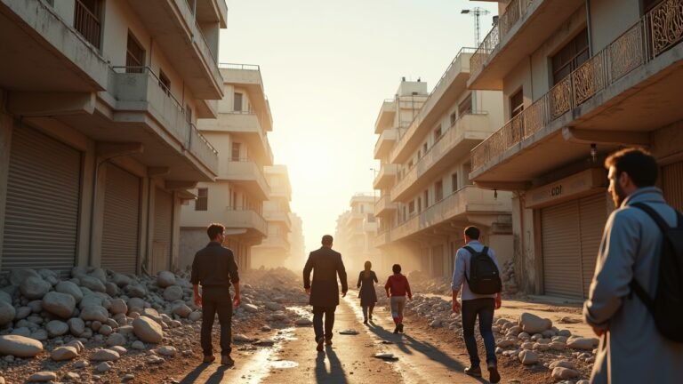 صورة تظهر منظرًا للمدينة في الجزائر بعد الزلزال، حيث يتفاعل السكان مع الحدث.