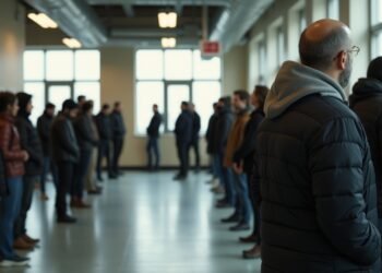 مركز استقبال للاجئين في السويد مع أشخاص ينتظرون في صف