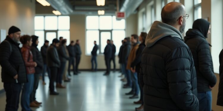 مركز استقبال للاجئين في السويد مع أشخاص ينتظرون في صف